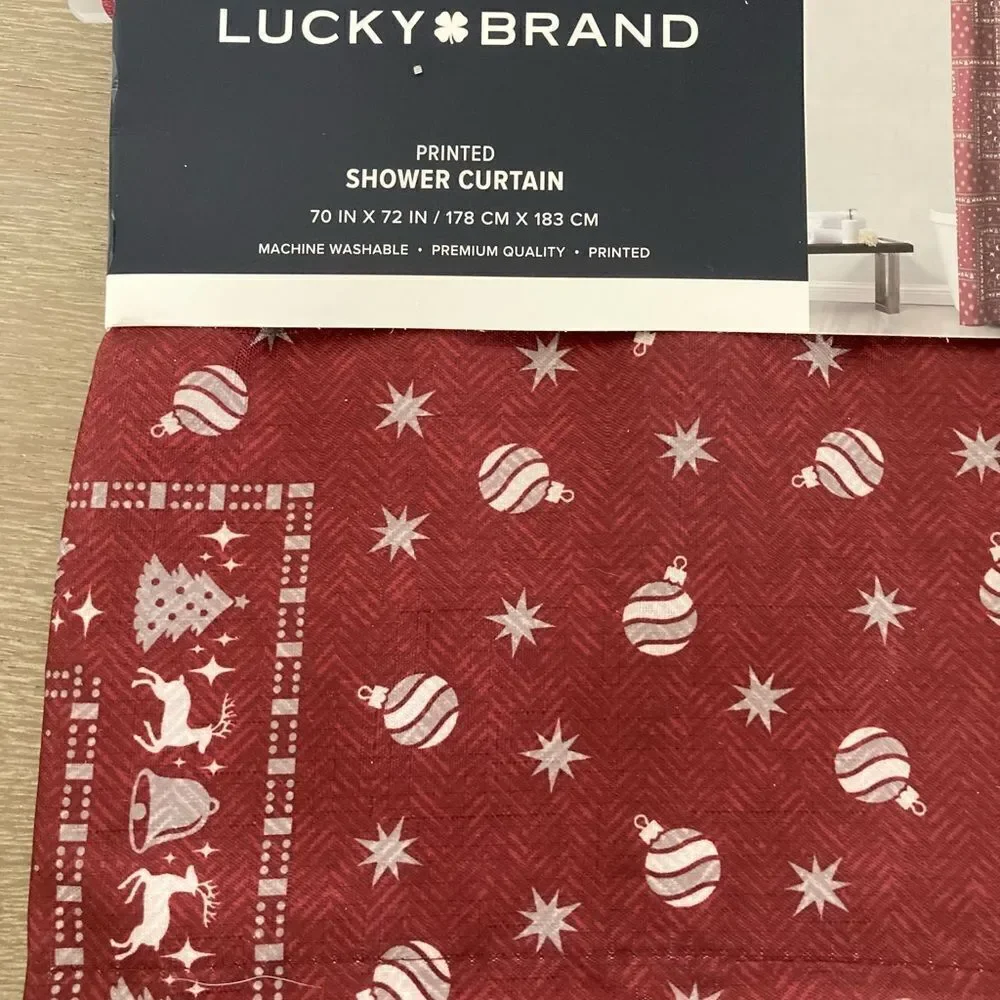 Lucky Brand Red Reindeer Print Christmas Fabric Shower Curtain